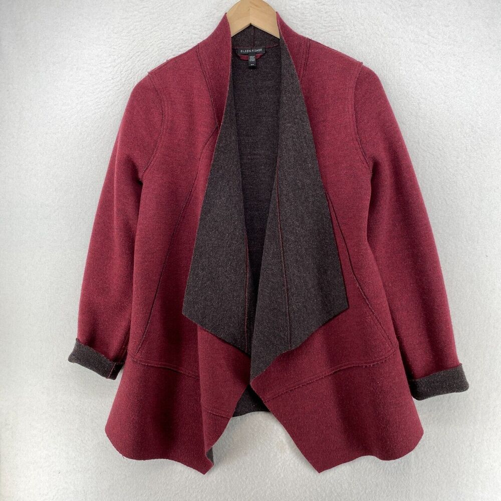 EILEEN FISHER Jacket S Double Faced Merino Wool Open Front Draped Burgundy Gray